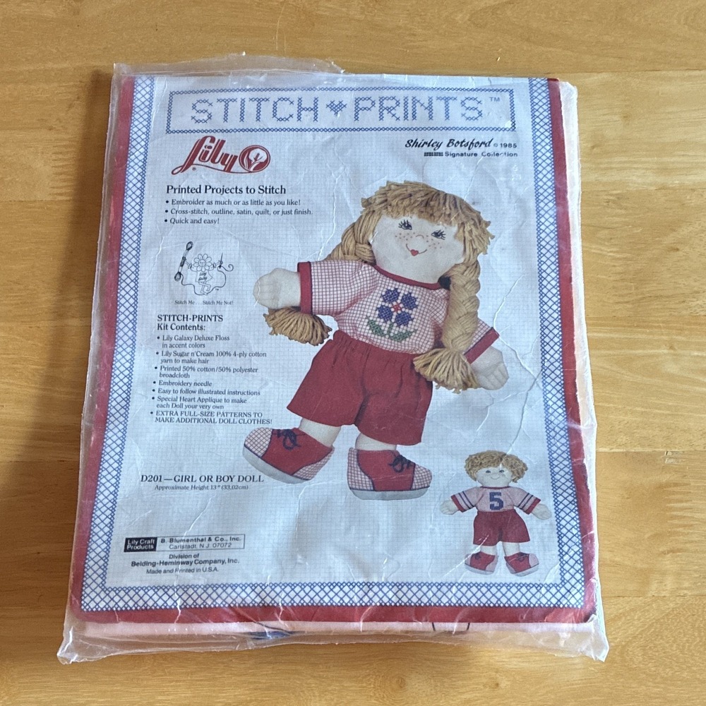 VTG 1985 Lily Stitch-Prints Girl or Boy Doll Hand Embroidery Kit w/ Floss & Yarn